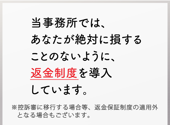 当事務所では、あなたが絶対に損することのないように、返金制度を導入しています。